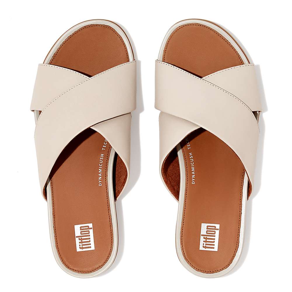 Women's Fitflop GRACIE Leather Cross Slides Sandals Grey Beige | Ireland-02689