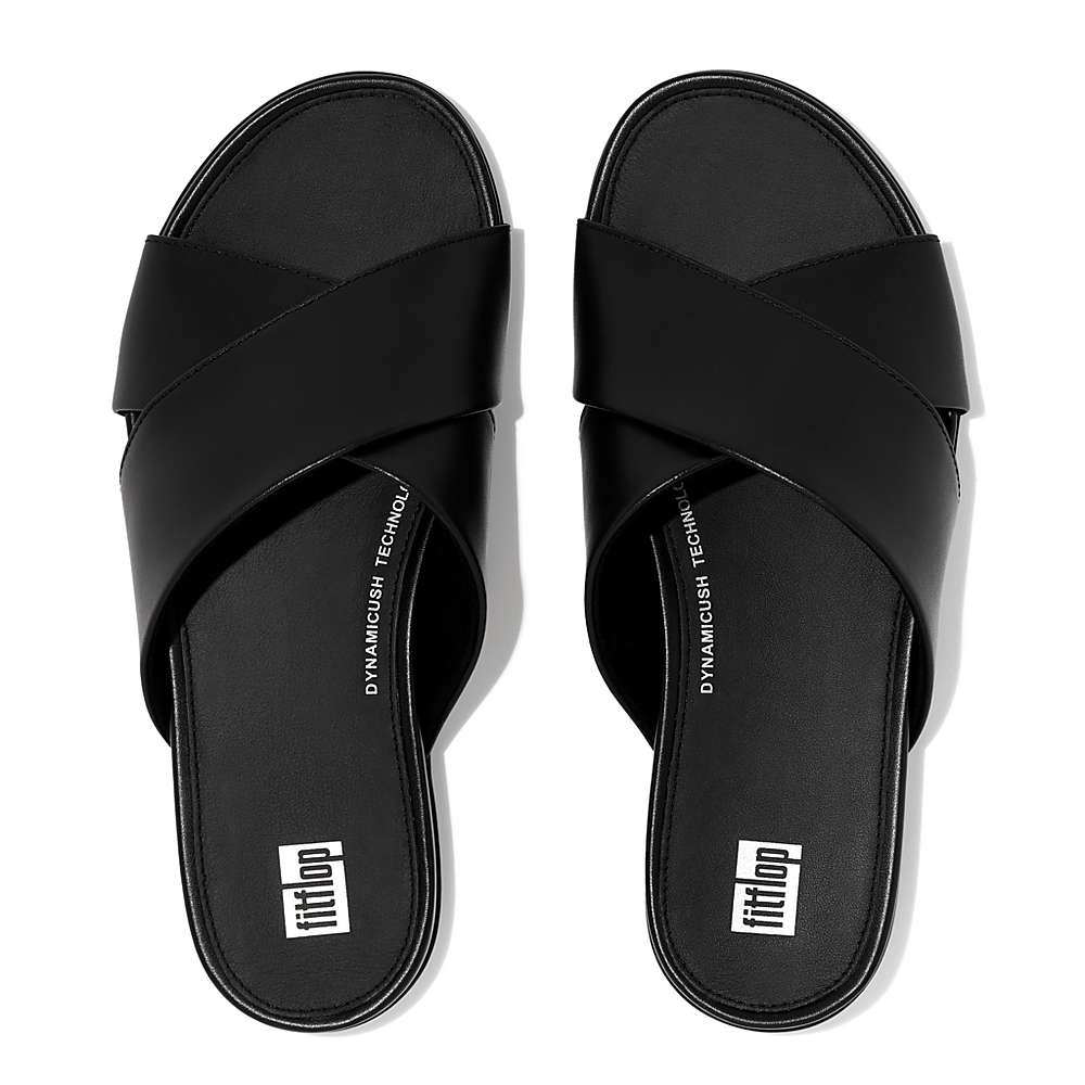 Women's Fitflop GRACIE Leather Cross Slides Sandals Black | Ireland-34561