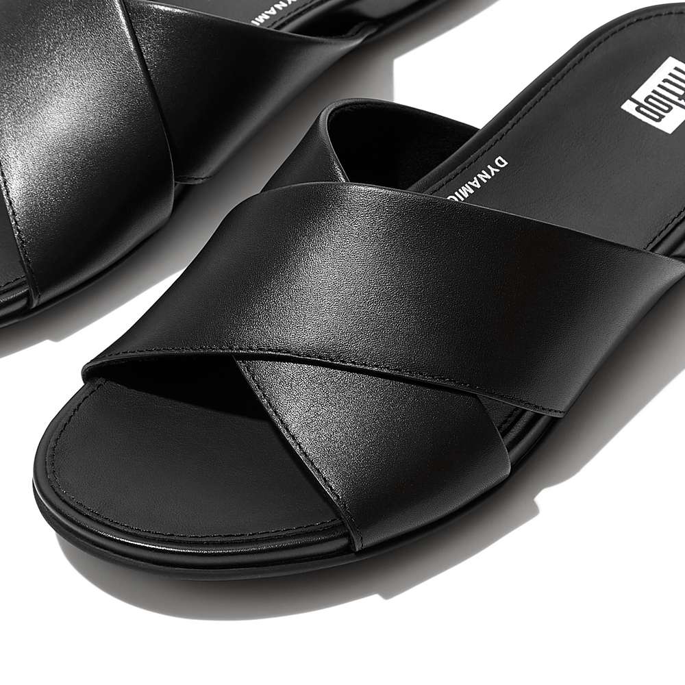 Women's Fitflop GRACIE Leather Cross Slides Sandals Black | Ireland-34561