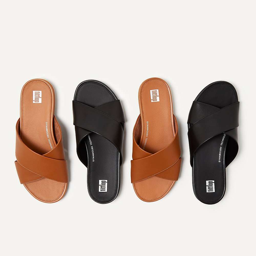 Women's Fitflop GRACIE Leather Cross Slides Sandals Black | Ireland-34561