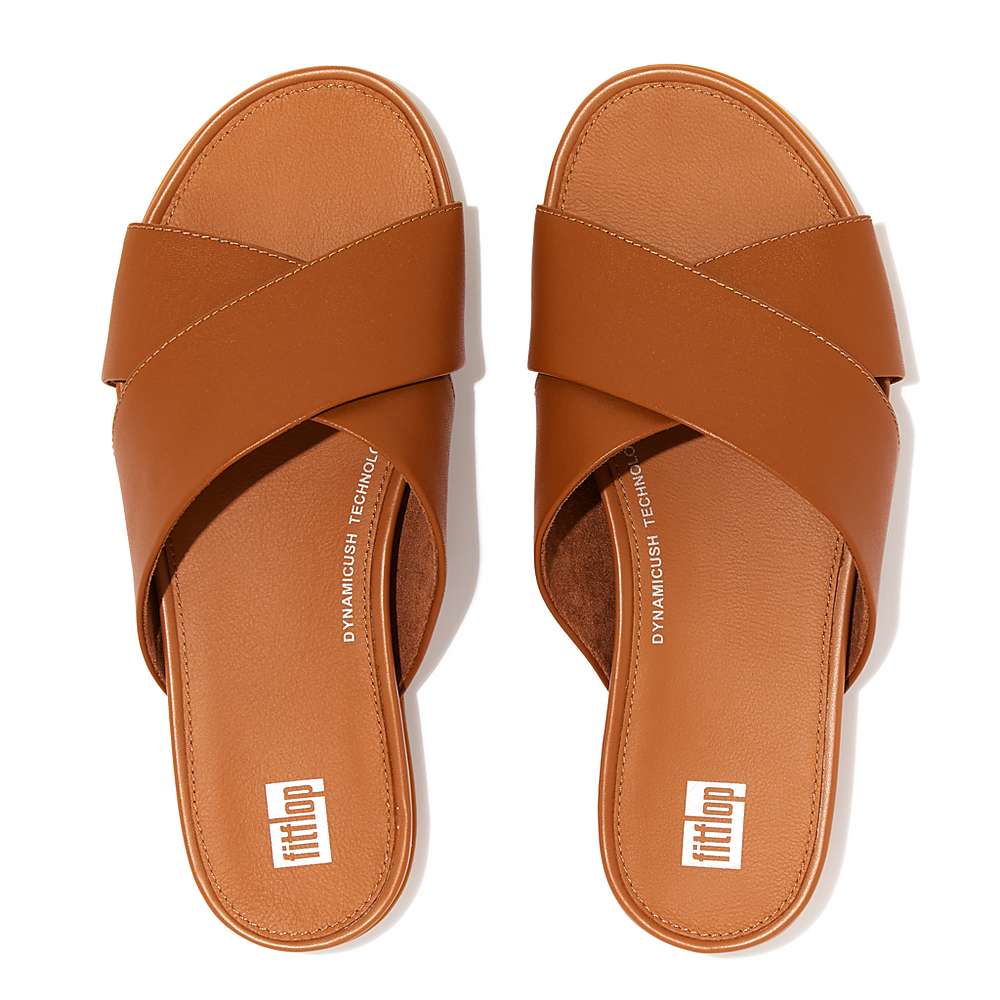 Women's Fitflop GRACIE Leather Cross Slides Sandals Light Brown | Ireland-36715