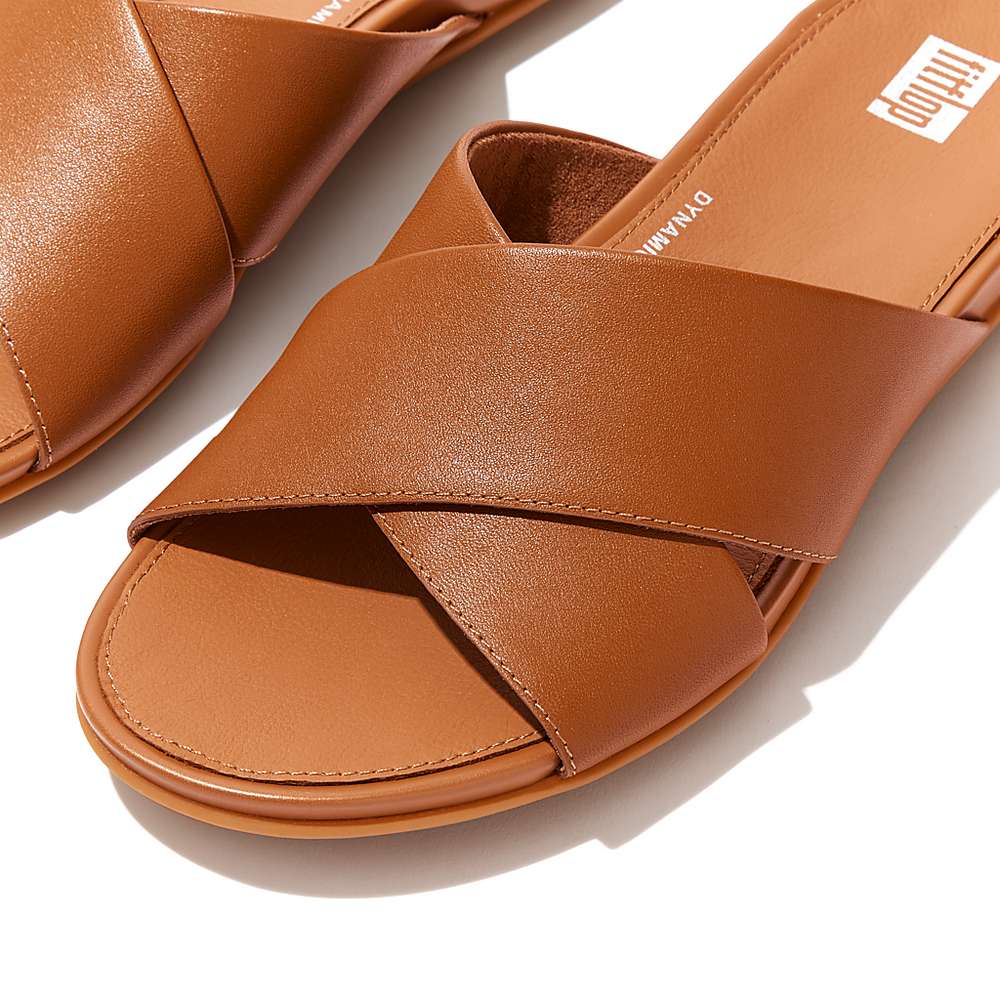 Women's Fitflop GRACIE Leather Cross Slides Sandals Light Brown | Ireland-36715