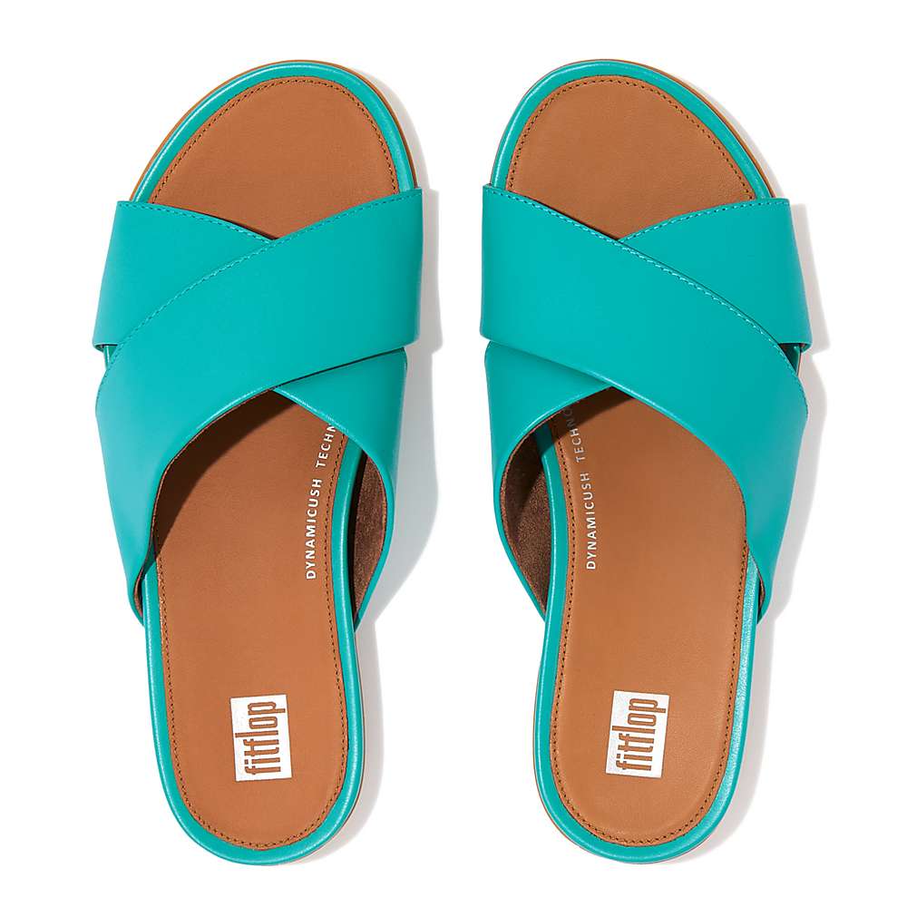 Women's Fitflop GRACIE Leather Cross Slides Sandals Blue | Ireland-76243