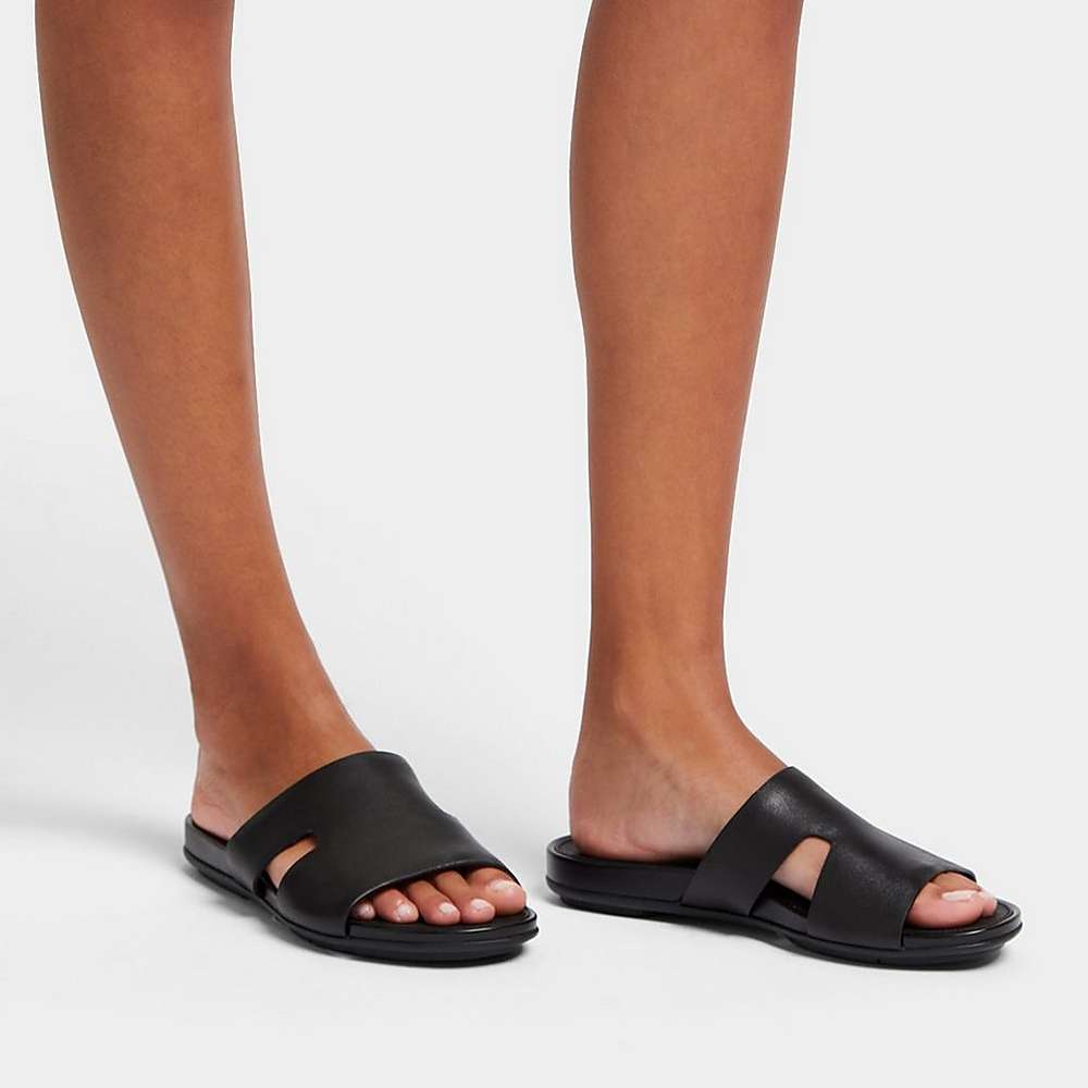 Women's Fitflop GRACIE Leather Slides With Toe-Post Sandals Black | Ireland-49612