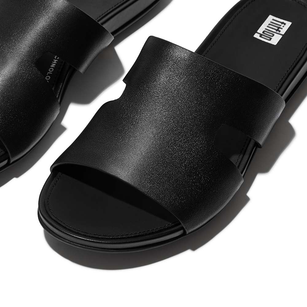 Women's Fitflop GRACIE Leather Slides With Toe-Post Sandals Black | Ireland-49612