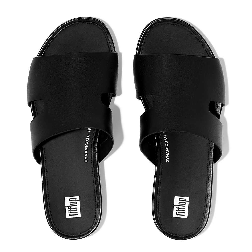 Women's Fitflop GRACIE Leather Slides With Toe-Post Sandals Black | Ireland-49612