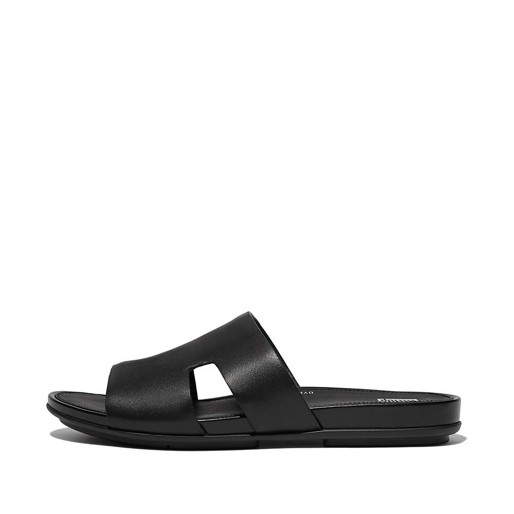 Women\'s Fitflop GRACIE Leather Slides With Toe-Post Sandals Black | Ireland-49612