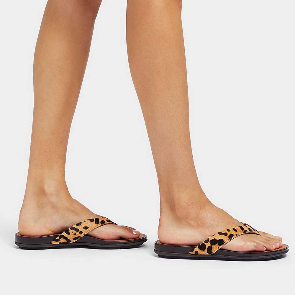 Women's Fitflop GRACIE Leopard-Print Leather Flip Flops Leopard | Ireland-87354