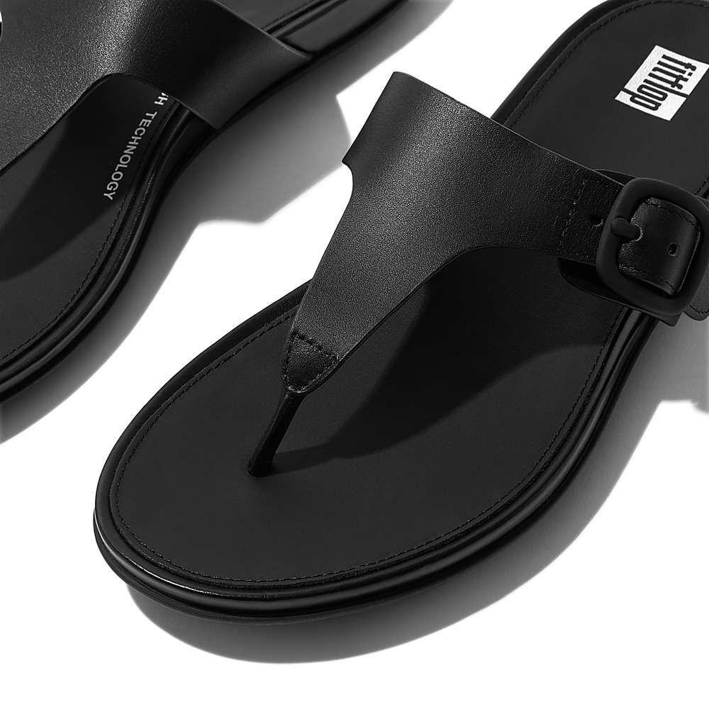 Women's Fitflop GRACIE Matt-Buckle Leather Toe-Post Sandals Black | Ireland-58960