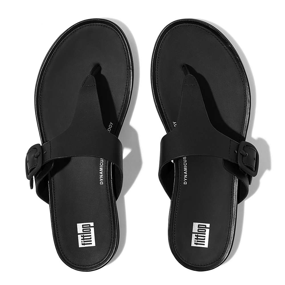 Women's Fitflop GRACIE Matt-Buckle Leather Toe-Post Sandals Black | Ireland-58960