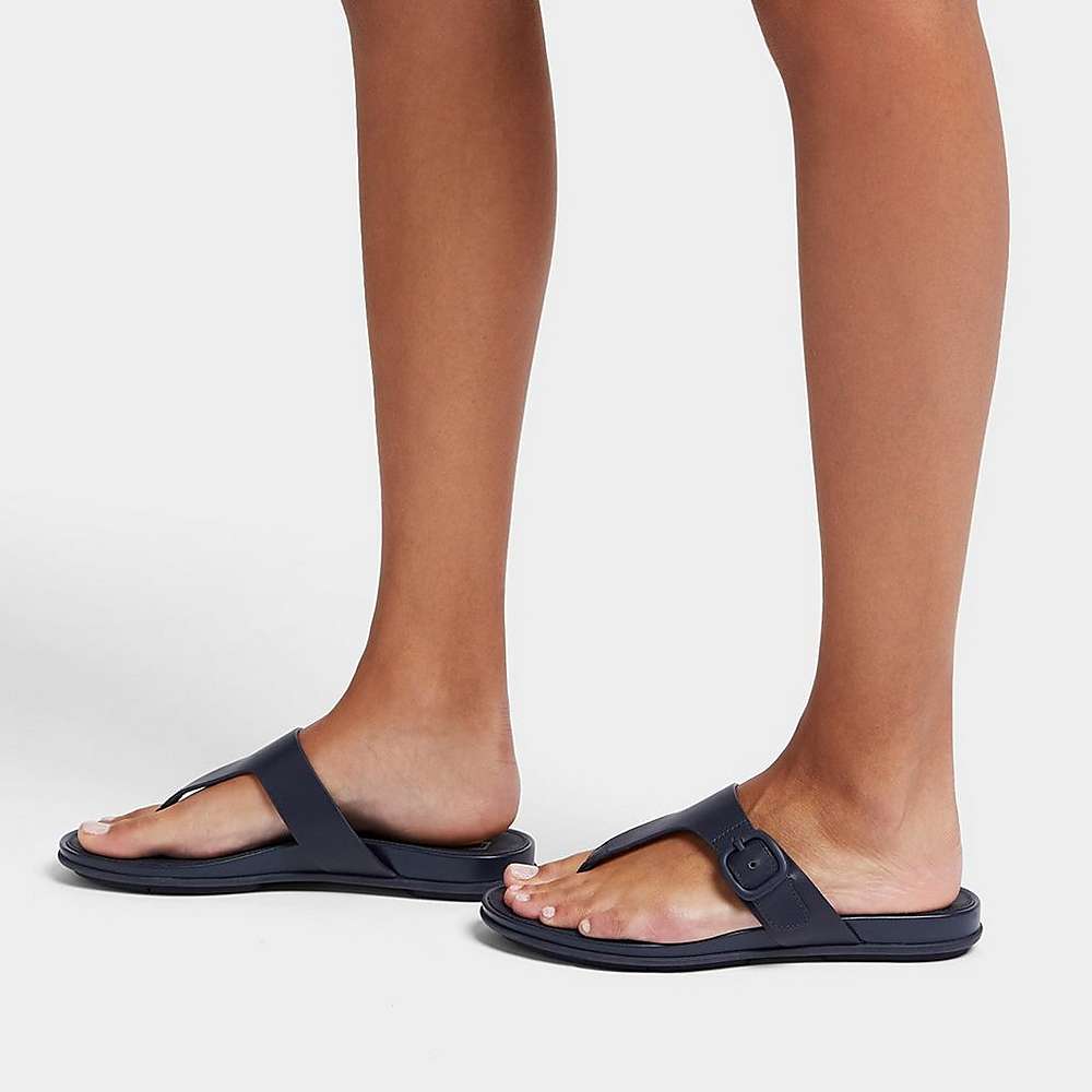 Women's Fitflop GRACIE Matt-Buckle Leather Toe-Post Sandals Navy | Ireland-61703