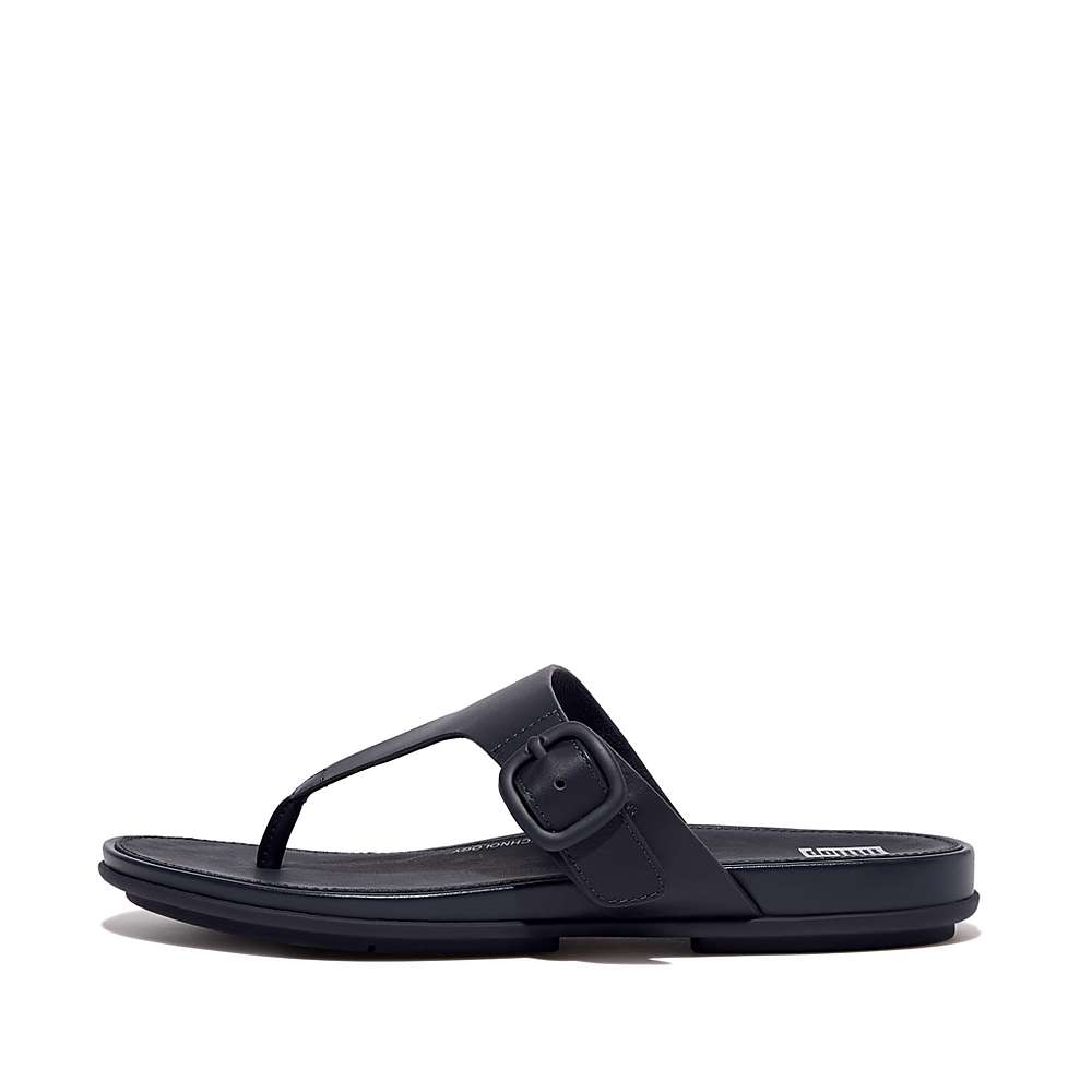 Women\'s Fitflop GRACIE Matt-Buckle Leather Toe-Post Sandals Navy | Ireland-61703