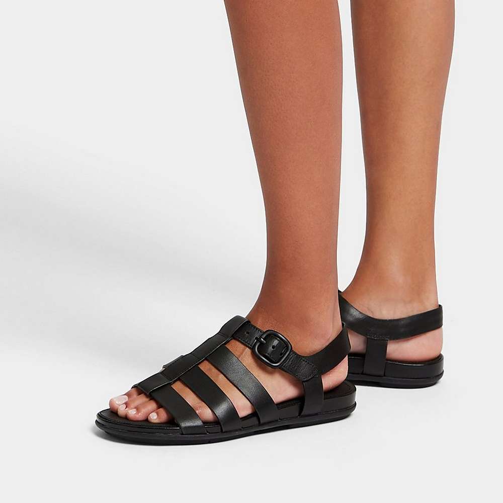 Women's Fitflop GRACIE Matt-Buckle Leather Fisherman Sandals Black | Ireland-76945