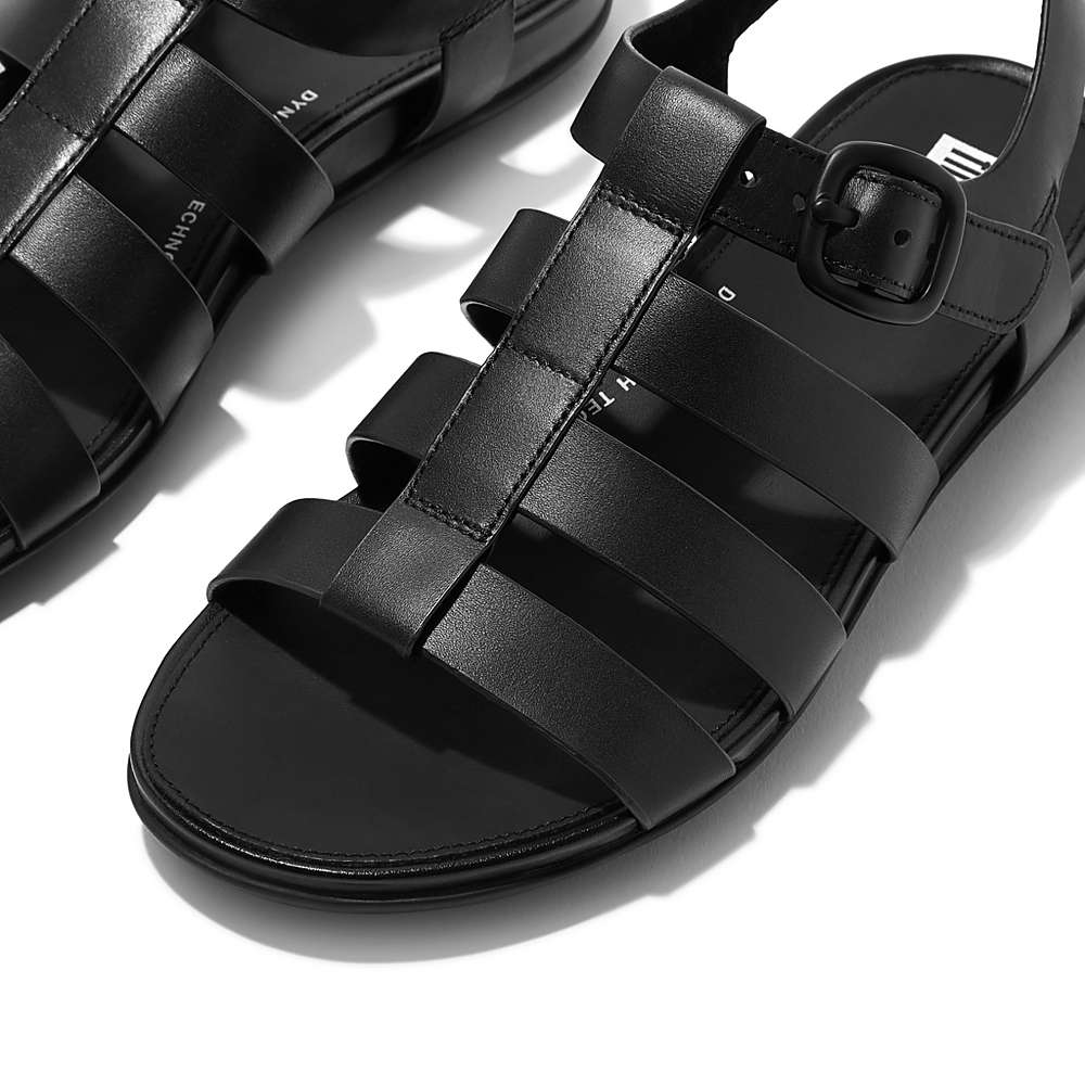 Women's Fitflop GRACIE Matt-Buckle Leather Fisherman Sandals Black | Ireland-76945