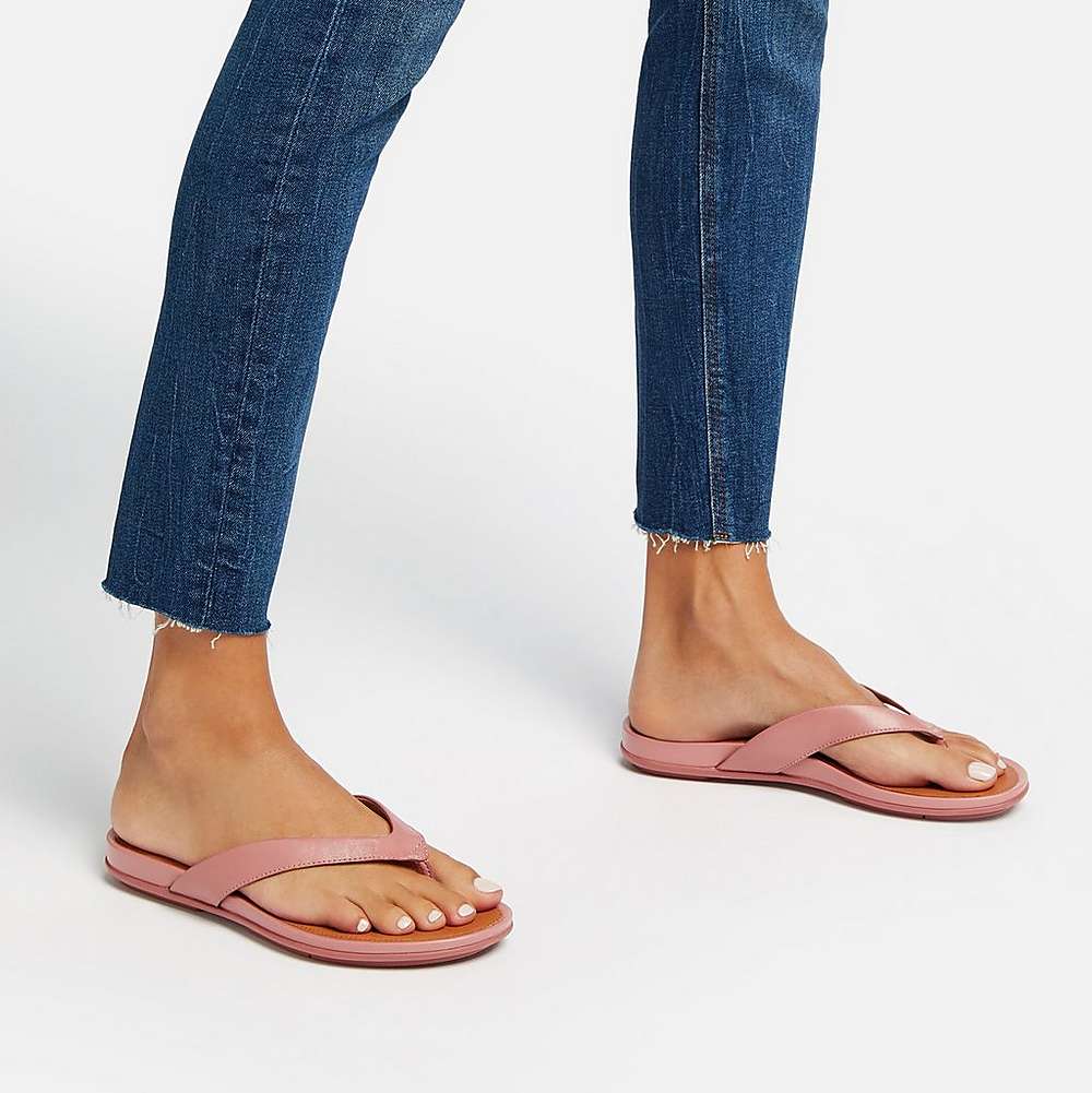 Women's Fitflop GRACIE Wider-Fit Leather Flip Flops Rose | Ireland-60247