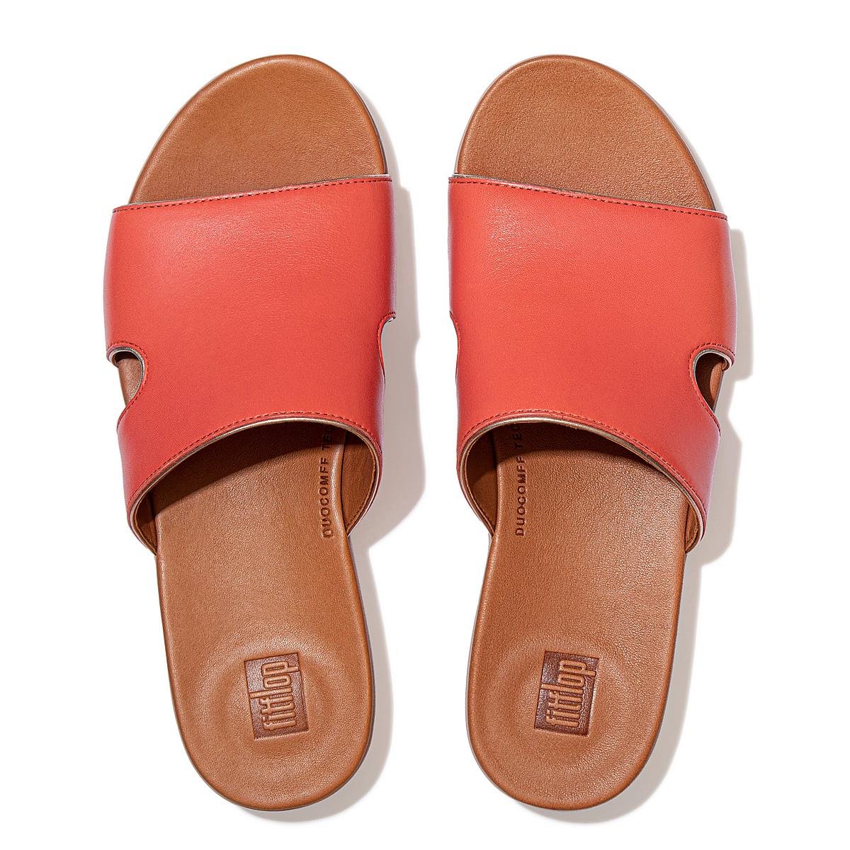 Women's Fitflop H-Bar Pop Binding Leather Slides Sandals Coral Pink | Ireland-08637