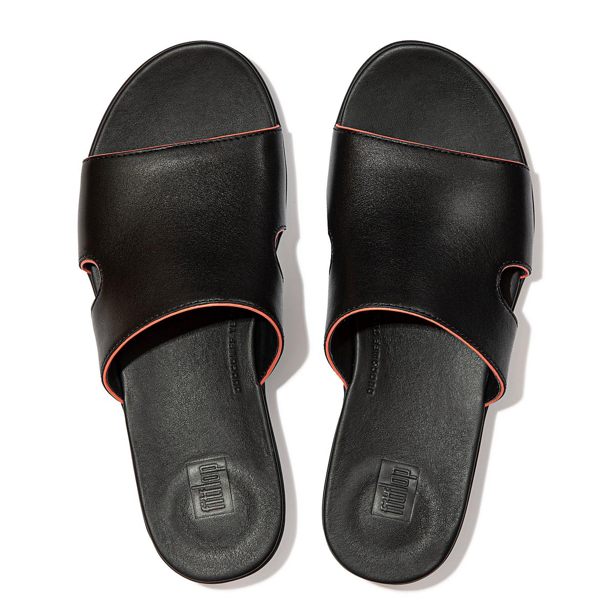 Women's Fitflop H-Bar Pop Binding Leather Slides Sandals Black/Pink | Ireland-35648