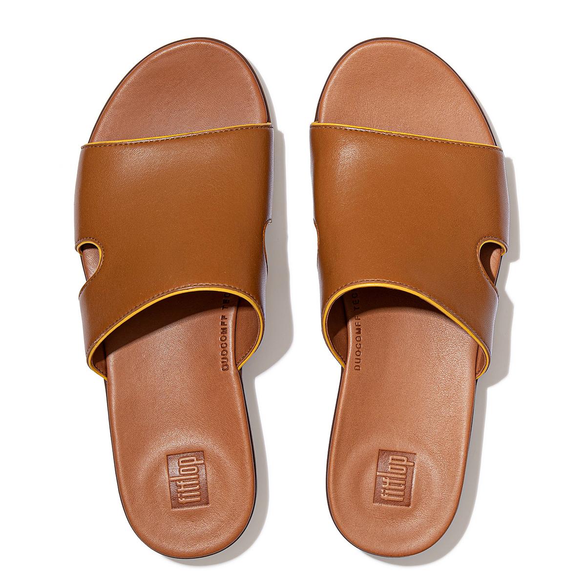 Women's Fitflop H-Bar Pop Binding Leather Slides Sandals Light Brown/Orange Yellow | Ireland-72406