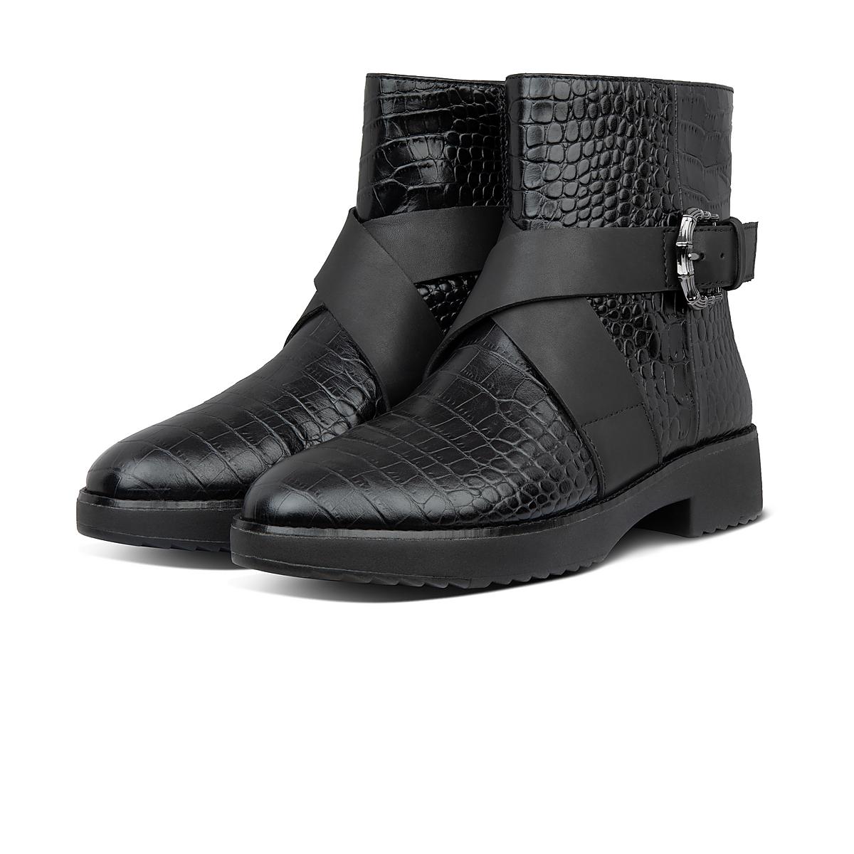 Women's Fitflop Helmi Croc Embossed Ankle Boots Black | Ireland-23450