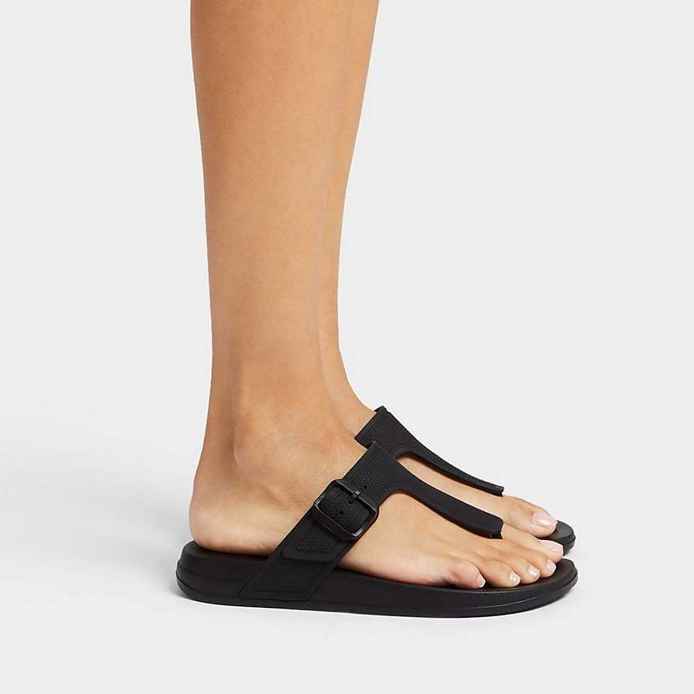 Women's Fitflop IQUSHION Adjustable Buckle Flip Flops Black | Ireland-05872