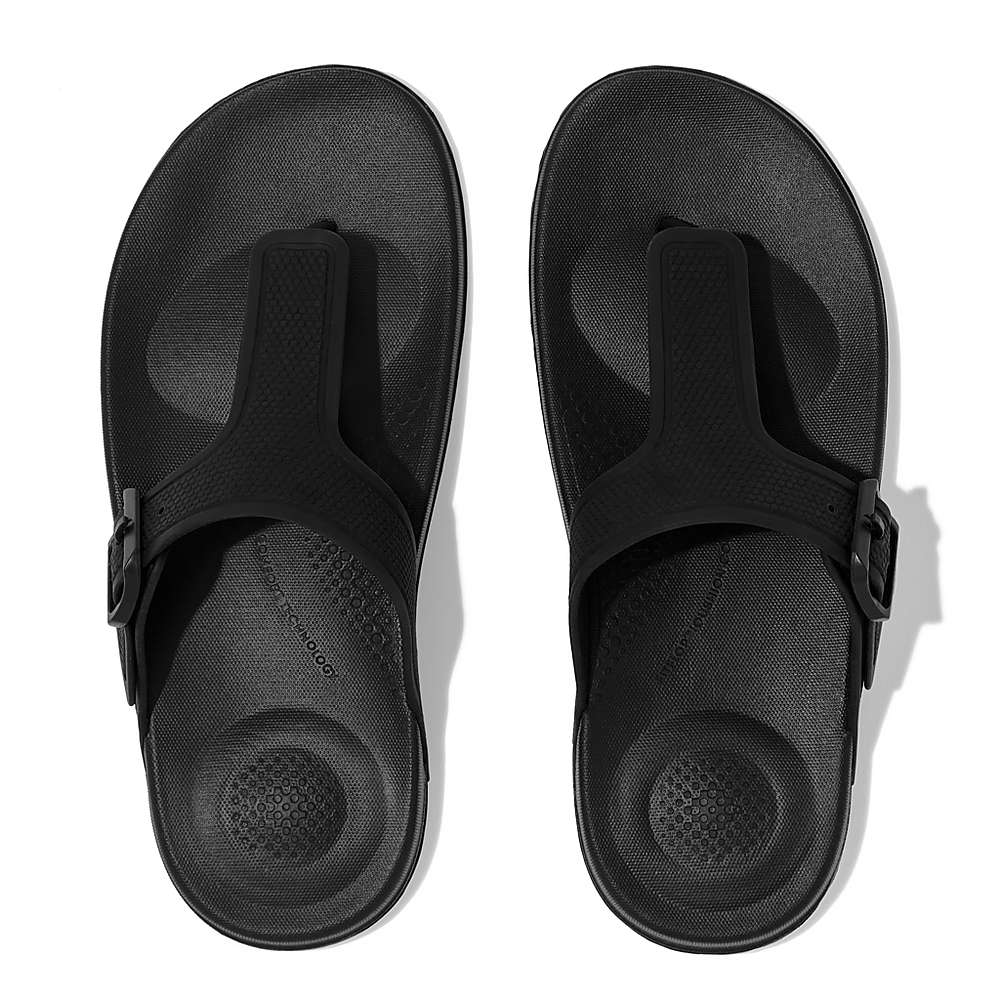 Women's Fitflop IQUSHION Adjustable Buckle Flip Flops Black | Ireland-05872