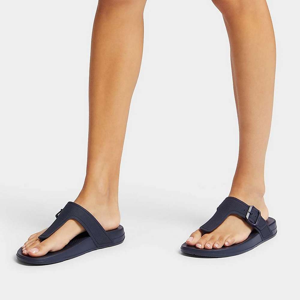 Women's Fitflop IQUSHION Adjustable Buckle Flip Flops Navy | Ireland-78563