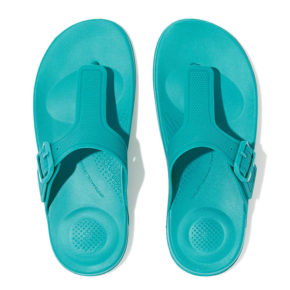 Women's Fitflop IQUSHION Adjustable Buckle Flip Flops Blue | Ireland-96072