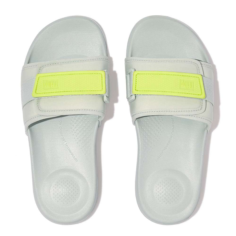 Women's Fitflop IQUSHION Adjustable Water-Resistant Slides Blue/Yellow | Ireland-25104