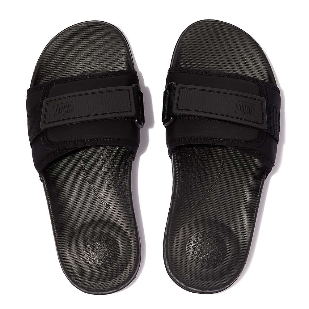 Women's Fitflop IQUSHION Adjustable Water-Resistant Slides Black | Ireland-92840