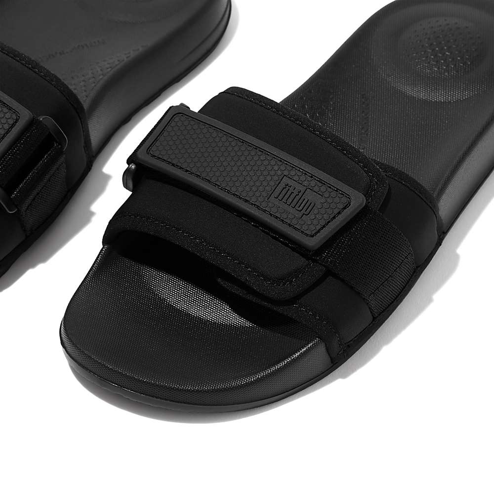 Women's Fitflop IQUSHION Adjustable Water-Resistant Slides Black | Ireland-92840