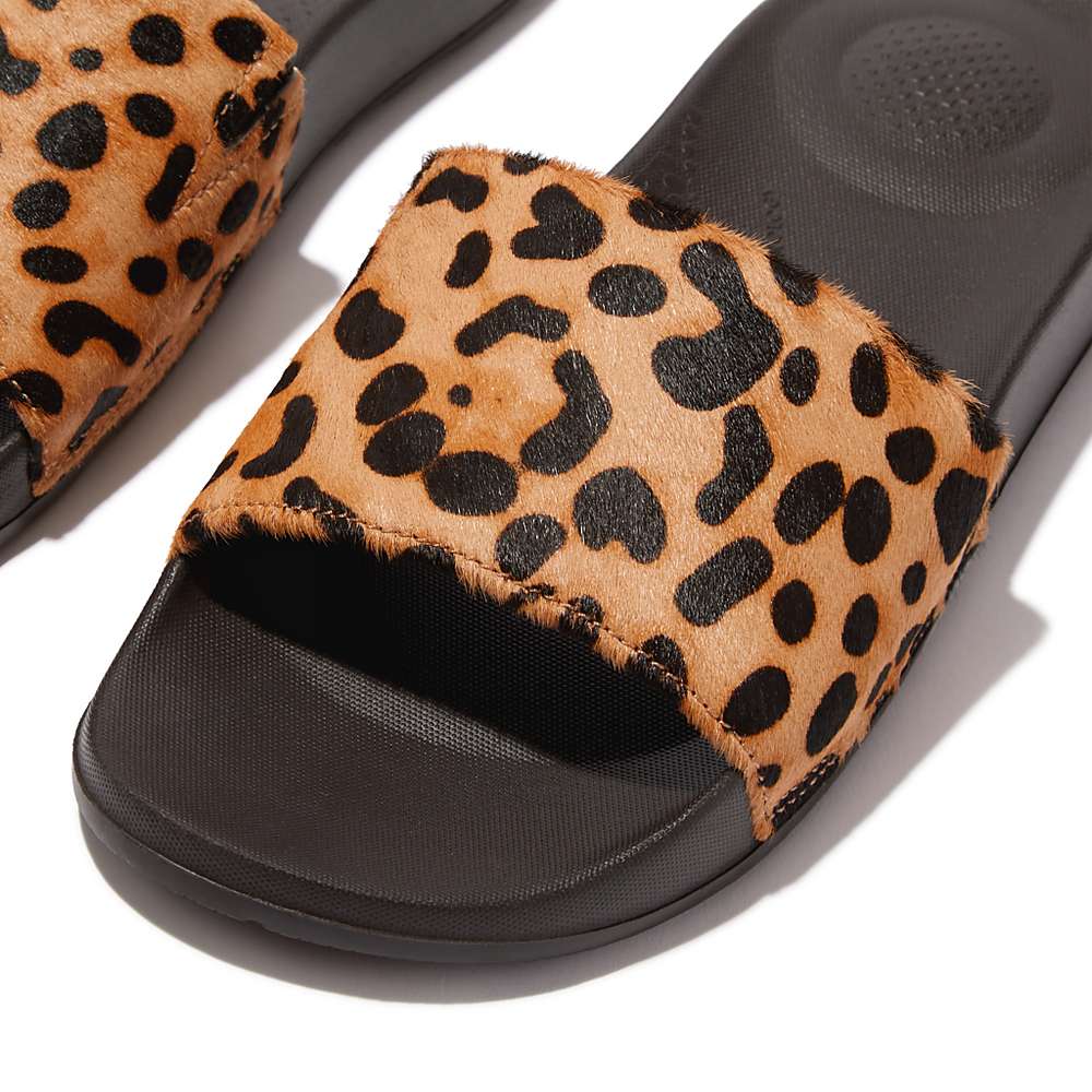 Women's Fitflop IQUSHION Leopard-Print Leather Slides Slides Leopard | Ireland-46021