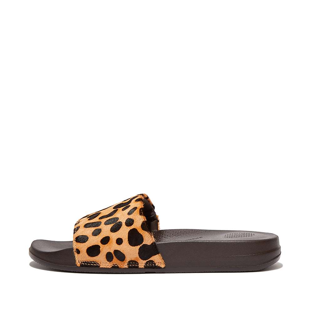 Women\'s Fitflop IQUSHION Leopard-Print Leather Slides Slides Leopard | Ireland-46021