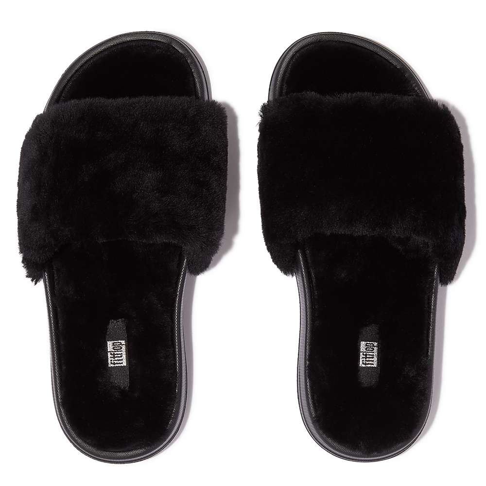 Women's Fitflop IQUSHION Shearling Slippers Black | Ireland-83021