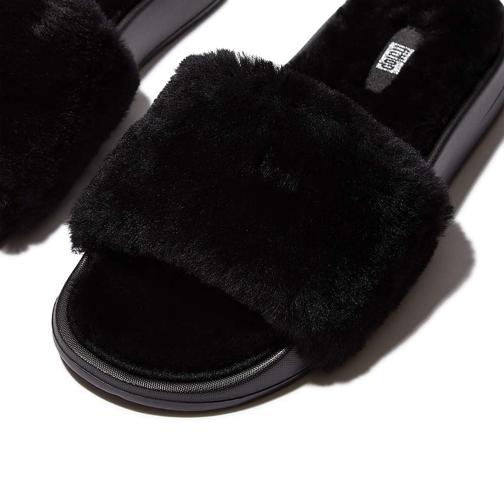 Women's Fitflop IQUSHION Shearling Slippers Black | Ireland-83021