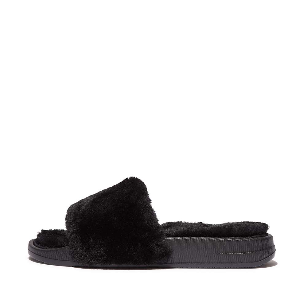 Women\'s Fitflop IQUSHION Shearling Slippers Black | Ireland-83021