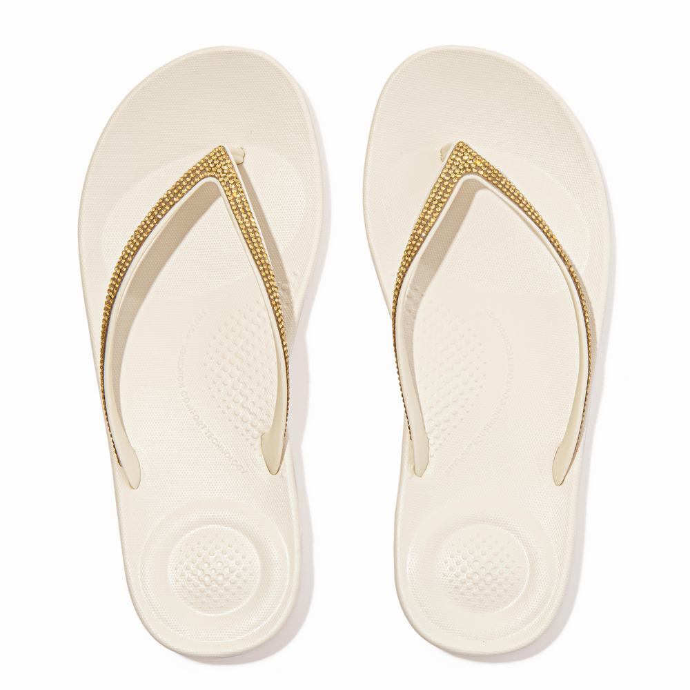 Women's Fitflop IQUSHION Sparkle Ergonomic Flip Flops Cream | Ireland-57348