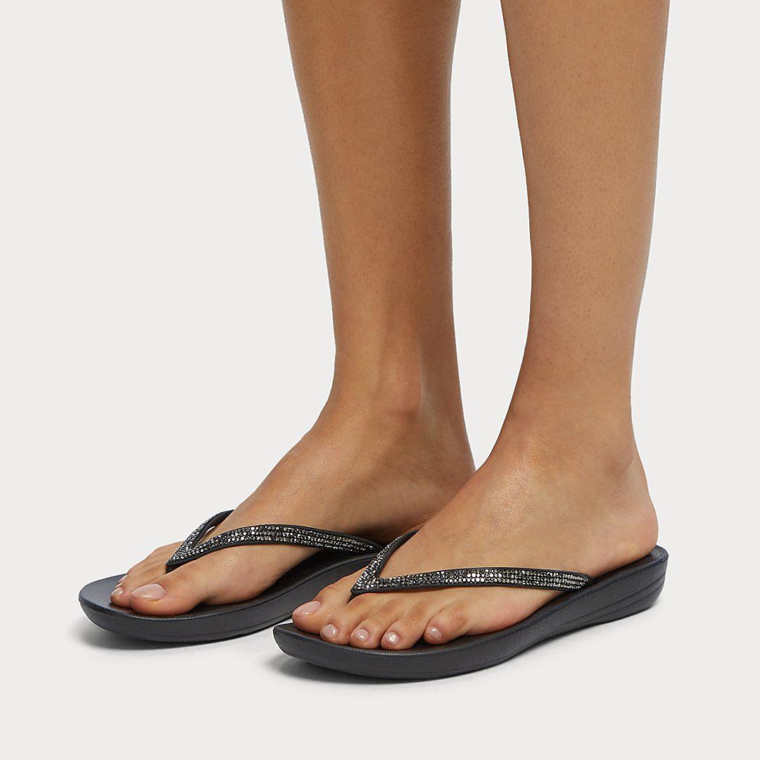 Women's Fitflop IQUSHION Sparkle Ergonomic Flip Flops Black | Ireland-96715