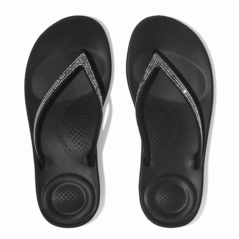 Women's Fitflop IQUSHION Sparkle Ergonomic Flip Flops Black | Ireland-96715