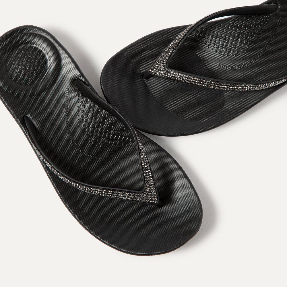 Women's Fitflop IQUSHION Sparkle Ergonomic Flip Flops Black | Ireland-96715