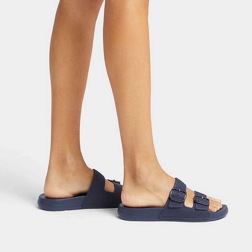 Women's Fitflop IQUSHION Two-Bar Buckle Slides Navy | Ireland-19640