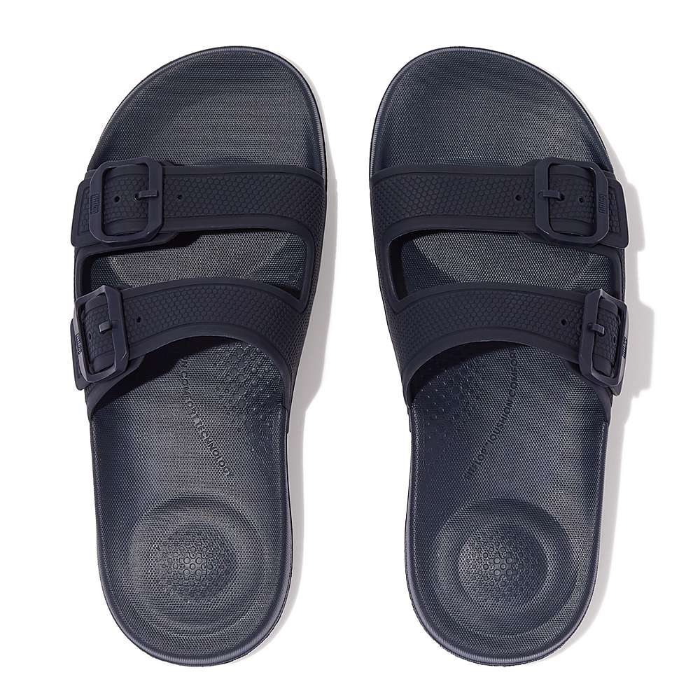 Women's Fitflop IQUSHION Two-Bar Buckle Slides Navy | Ireland-19640