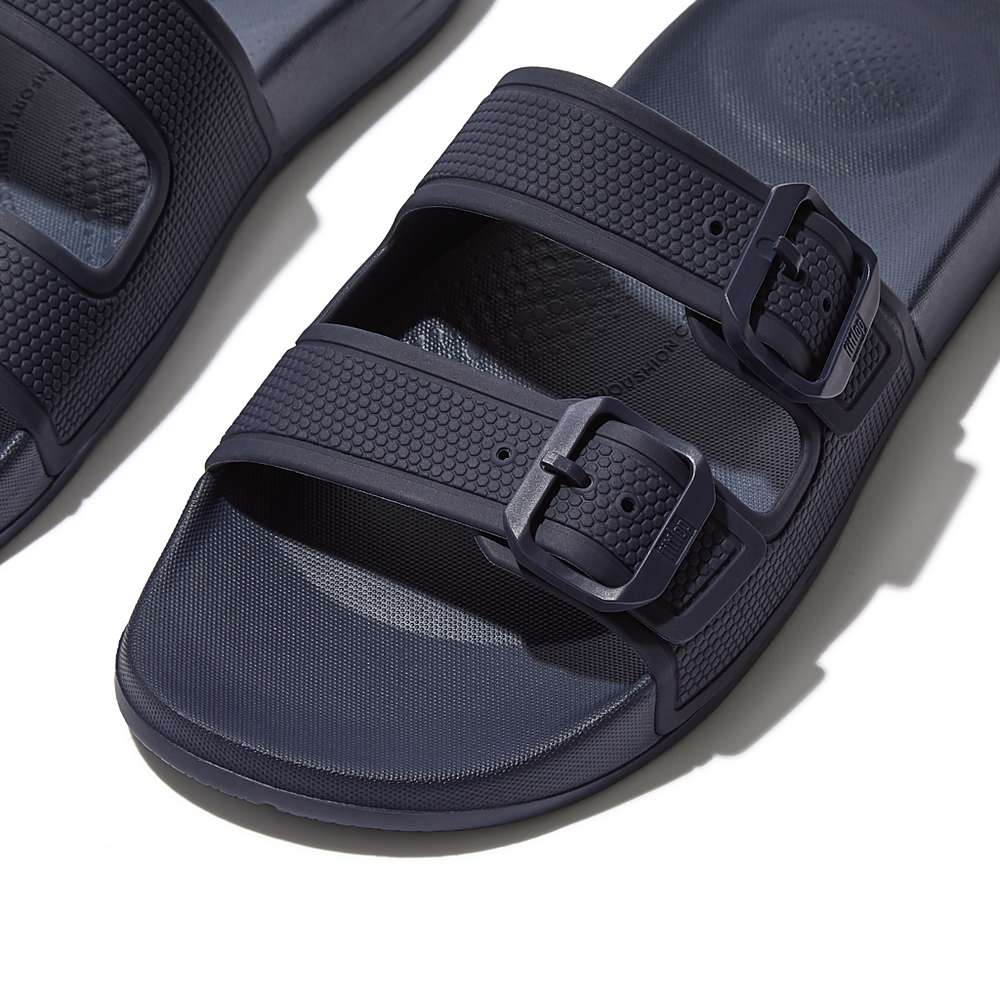 Women's Fitflop IQUSHION Two-Bar Buckle Slides Navy | Ireland-19640