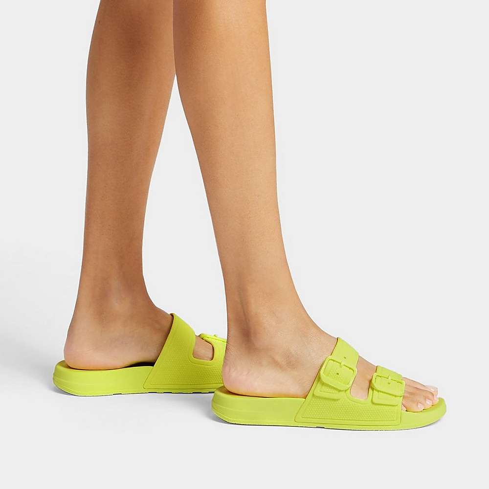 Women's Fitflop IQUSHION Two-Bar Buckle Slides Yellow | Ireland-28436