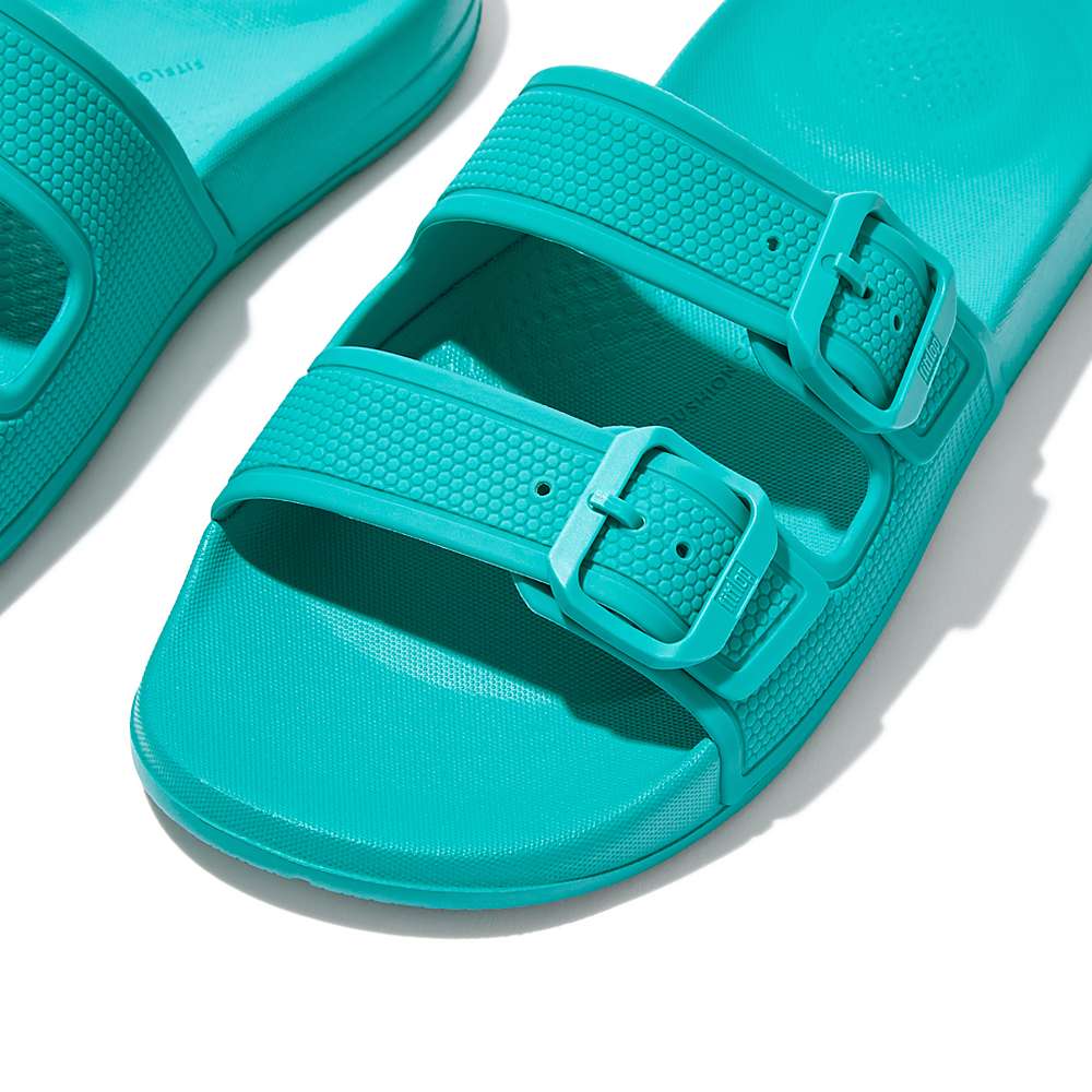 Women's Fitflop IQUSHION Two-Bar Buckle Slides Blue | Ireland-56403