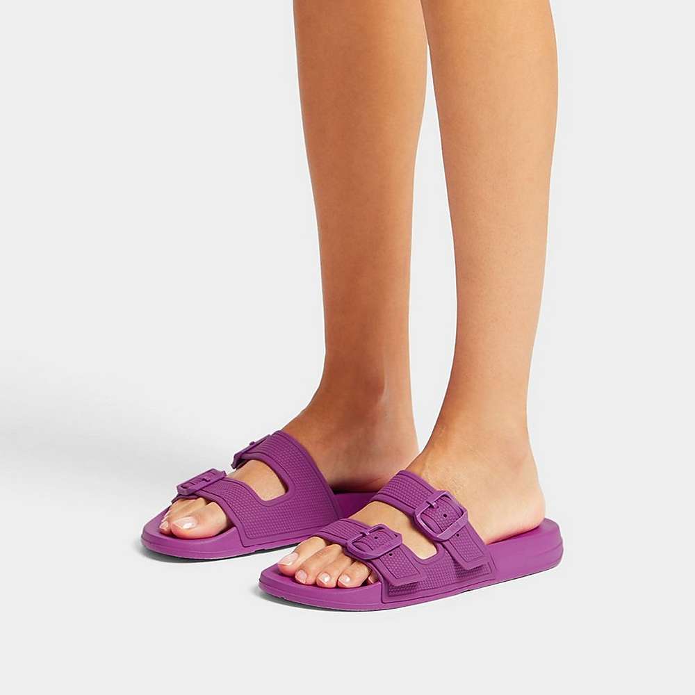 Women's Fitflop IQUSHION Two-Bar Buckle Slides Purple | Ireland-93148