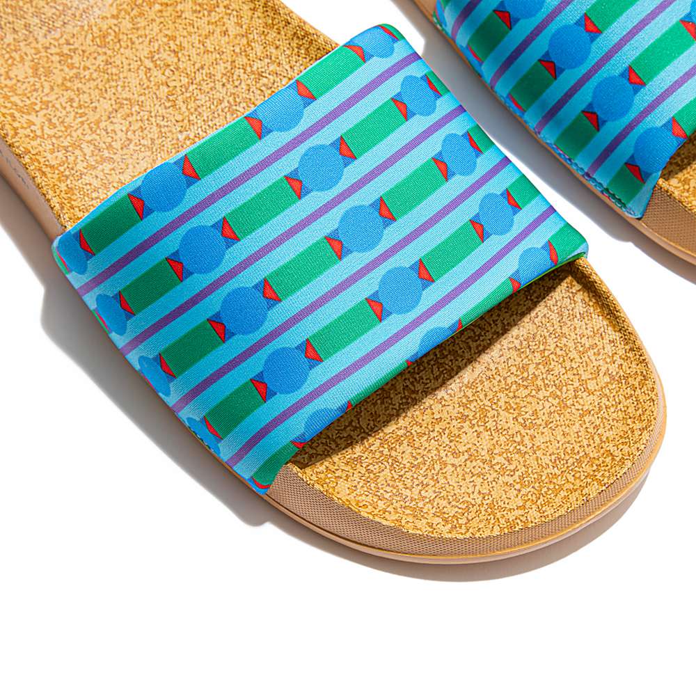 Women's Fitflop IQUSHION X Yinka Ilori Water-Resistant Slides Blue/Green | Ireland-21703