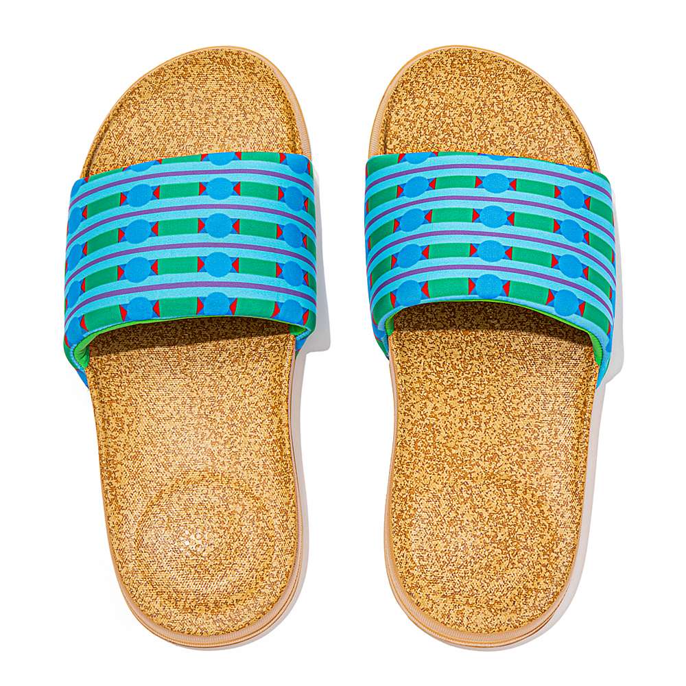 Women's Fitflop IQUSHION X Yinka Ilori Water-Resistant Slides Blue/Green | Ireland-21703