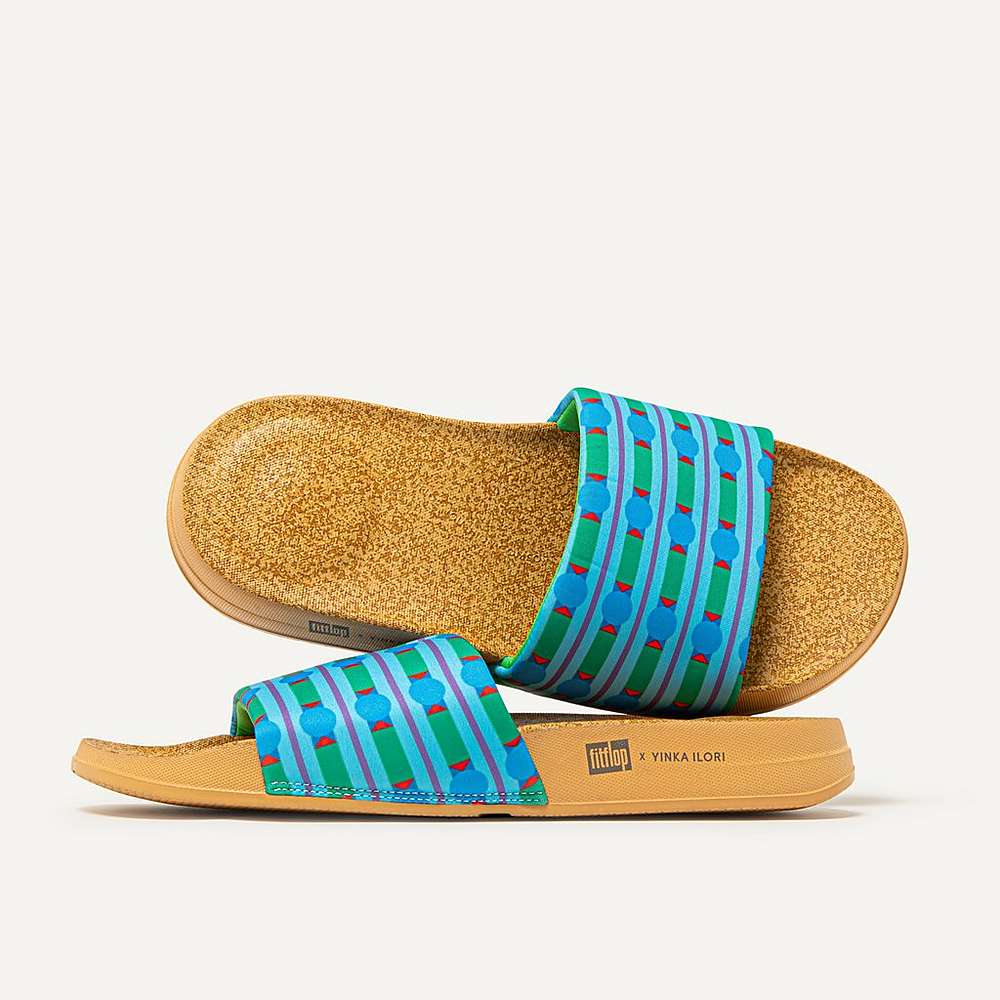 Women's Fitflop IQUSHION X Yinka Ilori Water-Resistant Slides Blue/Green | Ireland-21703