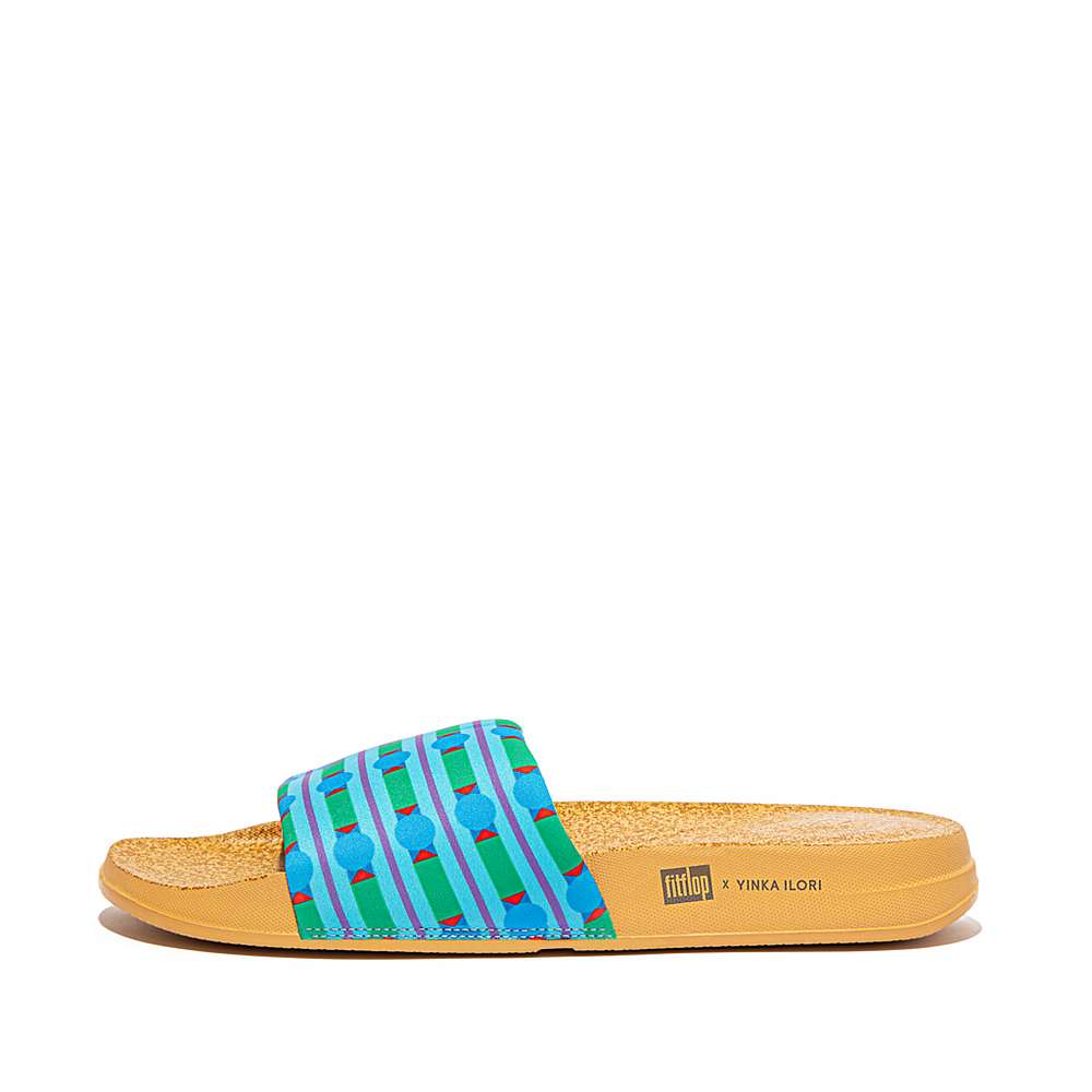 Women\'s Fitflop IQUSHION X Yinka Ilori Water-Resistant Slides Blue/Green | Ireland-21703