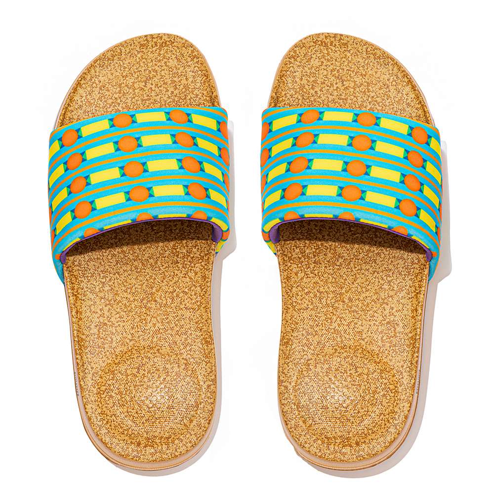 Women's Fitflop IQUSHION X Yinka Ilori Water-Resistant Slides Blue/Yellow | Ireland-80236